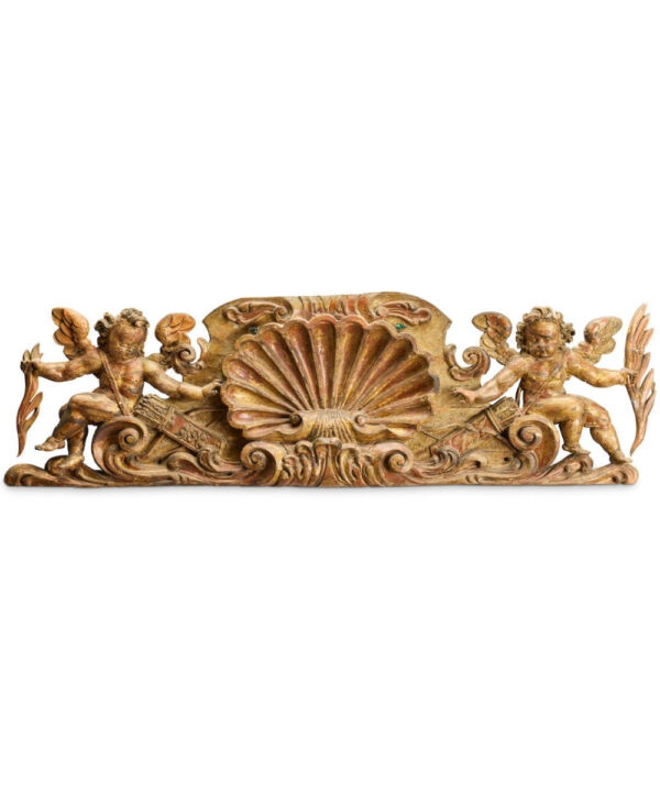 BEAUTIFULLY DECORATIVE C18th CARVED WOOD AND PARCEL GILT ARCHITECTURAL PEDIMENT